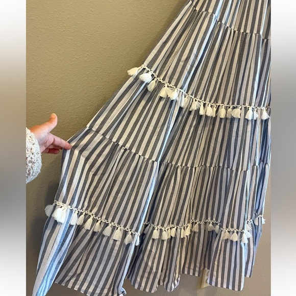 Eliza J Striped Summer Tiered Ruffle Tassel Trim Maxi Dress Preppy Sleeveless 2P - Picture 9 of 16